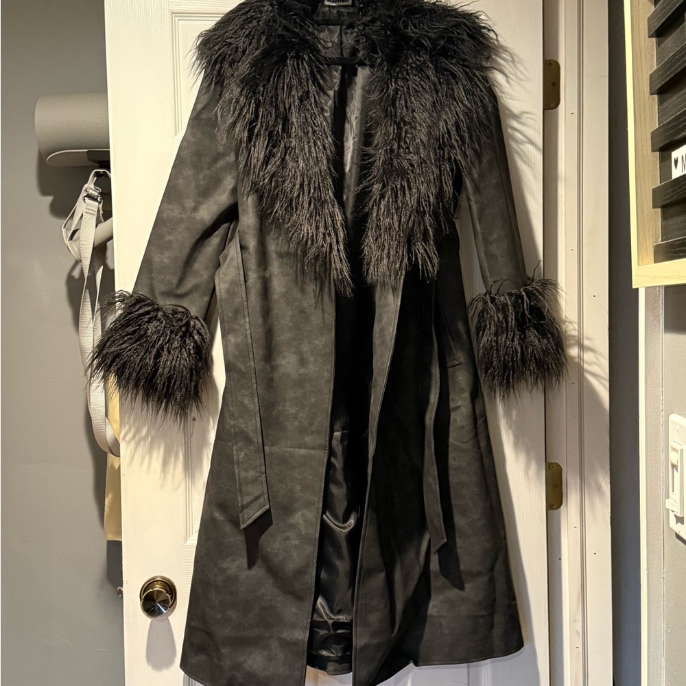 Reclaimed Vintage Black Trench Coat with Faux Fur Trim- never worn